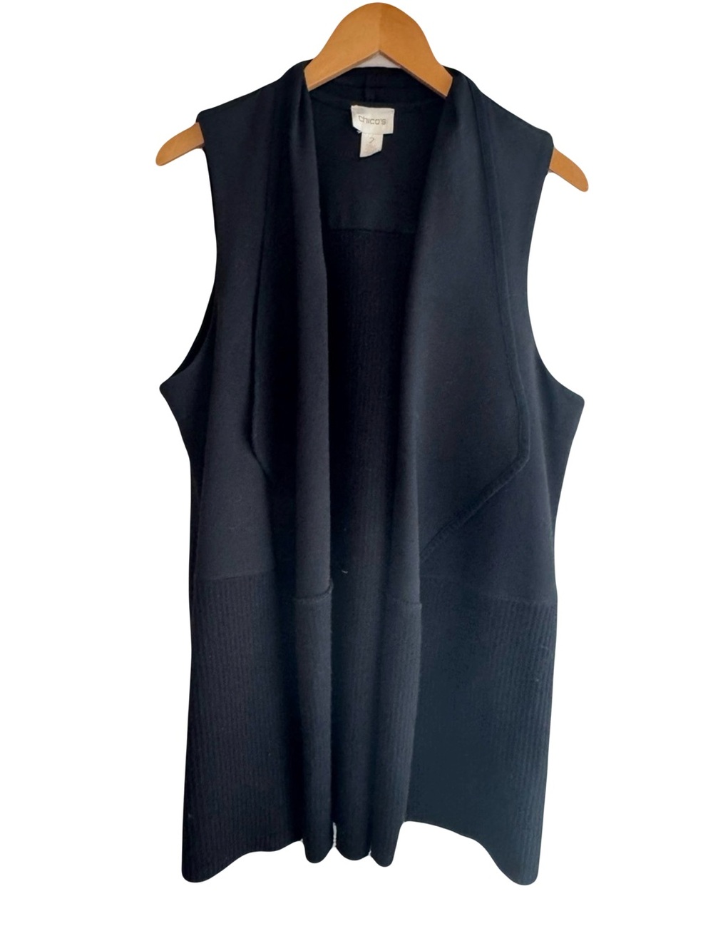Chico's Black Knit Open-Front Long Line Sleeveless Vest L